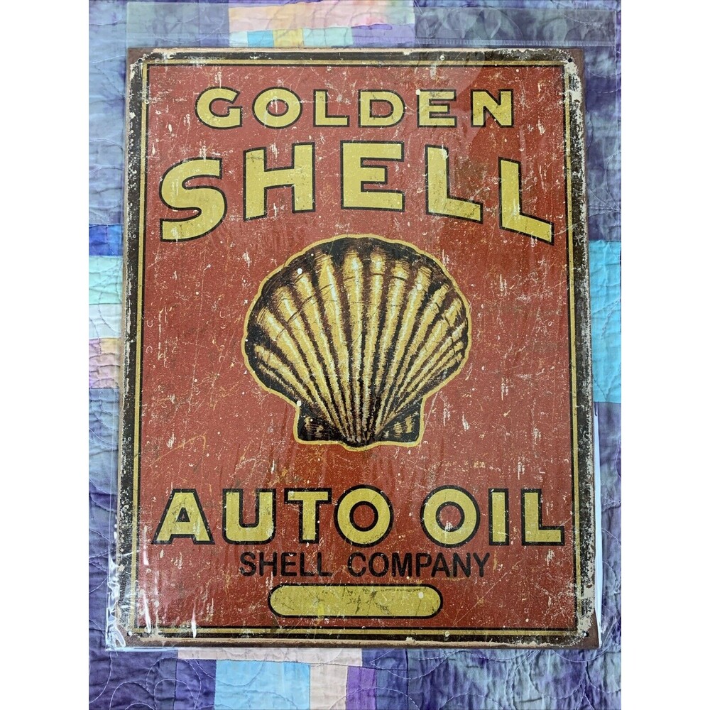 Golden Shell Auto Oil Advertisement Metal 12.5" X 16" Man Cave Bar Garage Decor